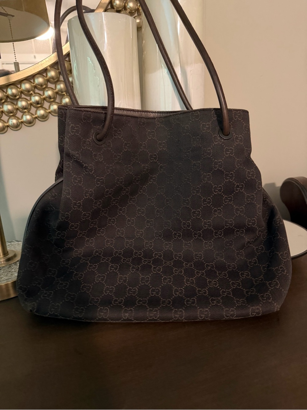 Gucci Dark Brown/Black GG Canvas Tote with Leather Straps